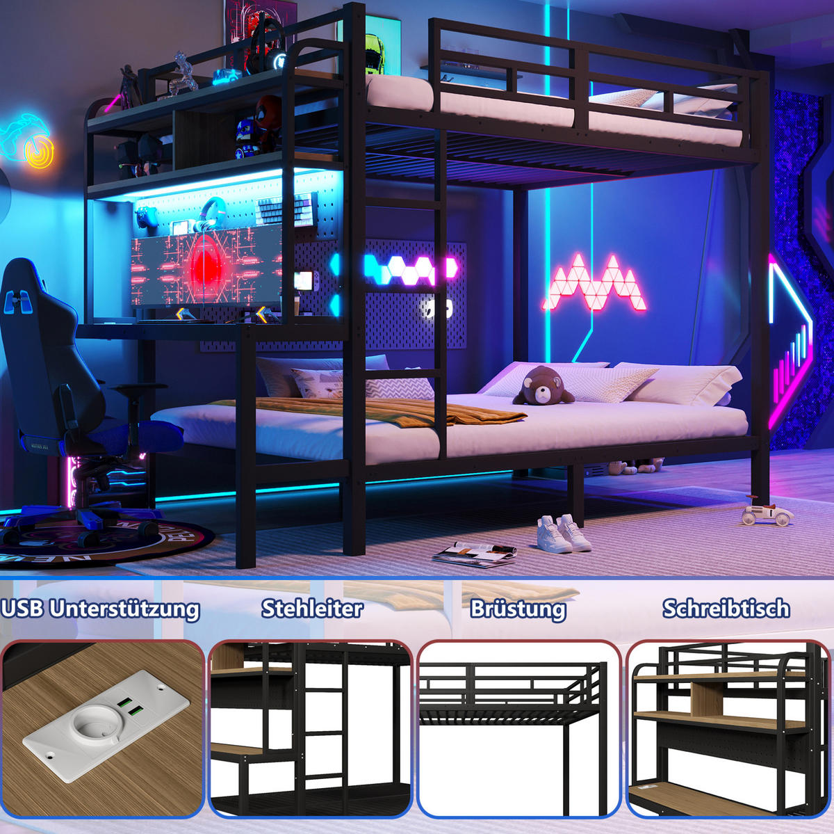ETAGENBETT 140/200 cm Schwarz mit Schreibtisch mit LED-Beleuchtung mit USB-Anschluss - Schwarz, Metall (140/200cm) - OKWISH
