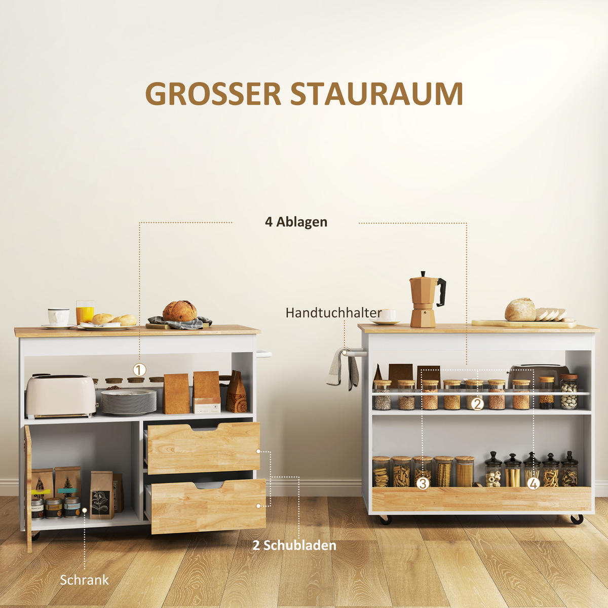 KÜCHENWAGEN Servierwagen mit Arbeitsplatte, Schubladen, Küchenschrank, Eiche - Eichefarben, Holz (50/85/107cm) - HOMCOM