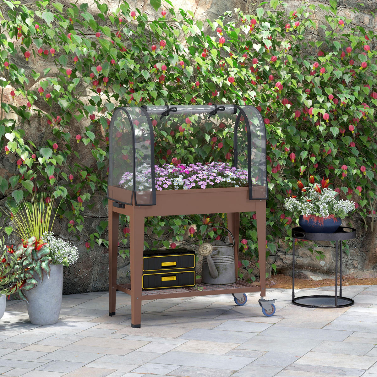 HOCHBEET DE-16036 mit transparenter Abdeckung & Rollen - Braun, Metall (80/120/40cm) - ComfortXL