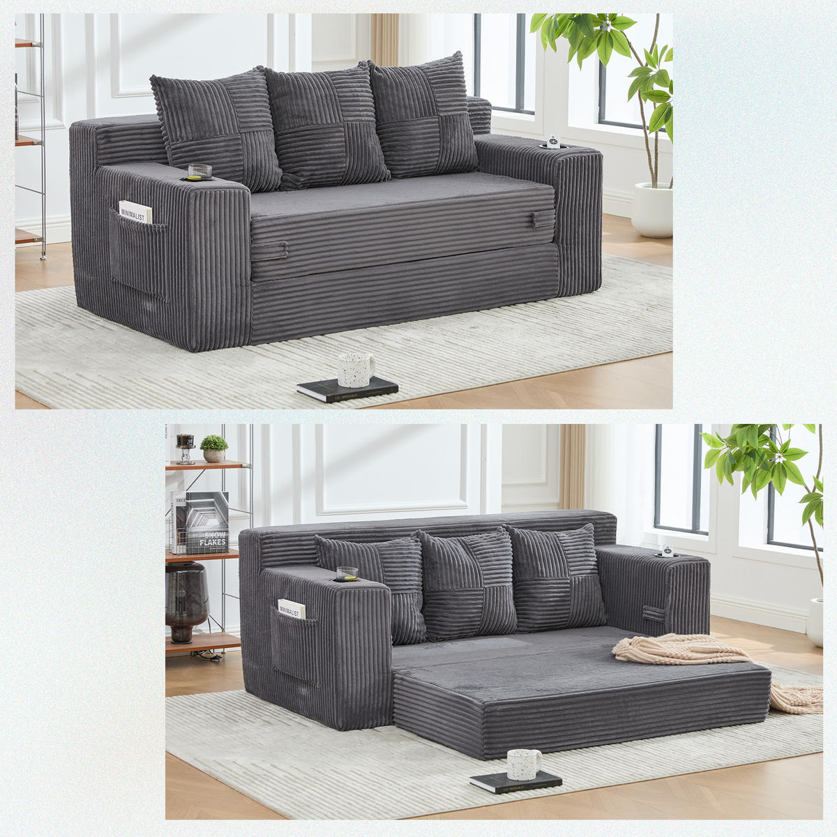 2-SITZER Bodensofa ausklappbar, Getränkehalter/Seitentaschen, Cord, Grau - Grau, Textil (172/64/87cm) - LVHOM
