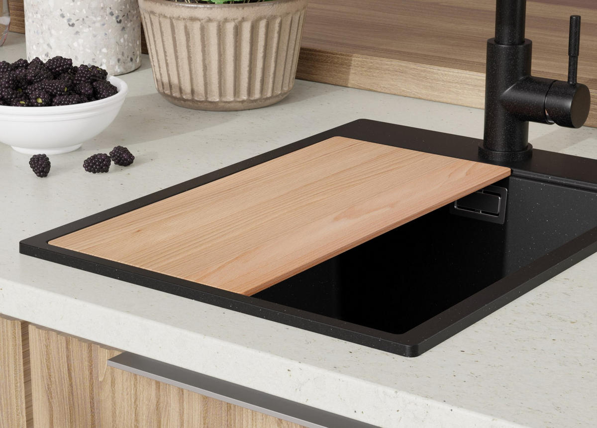 SPÜLBECKEN Oslo, 2-er set Schwarz Metallic 38/50 cm 1 Becken + Ablauf-Set + Schneidebrett ab 40er Unterschrank - Chromfarben/Schwarz Hochglanz, Kunststoff (38/20/50cm) - Primagran