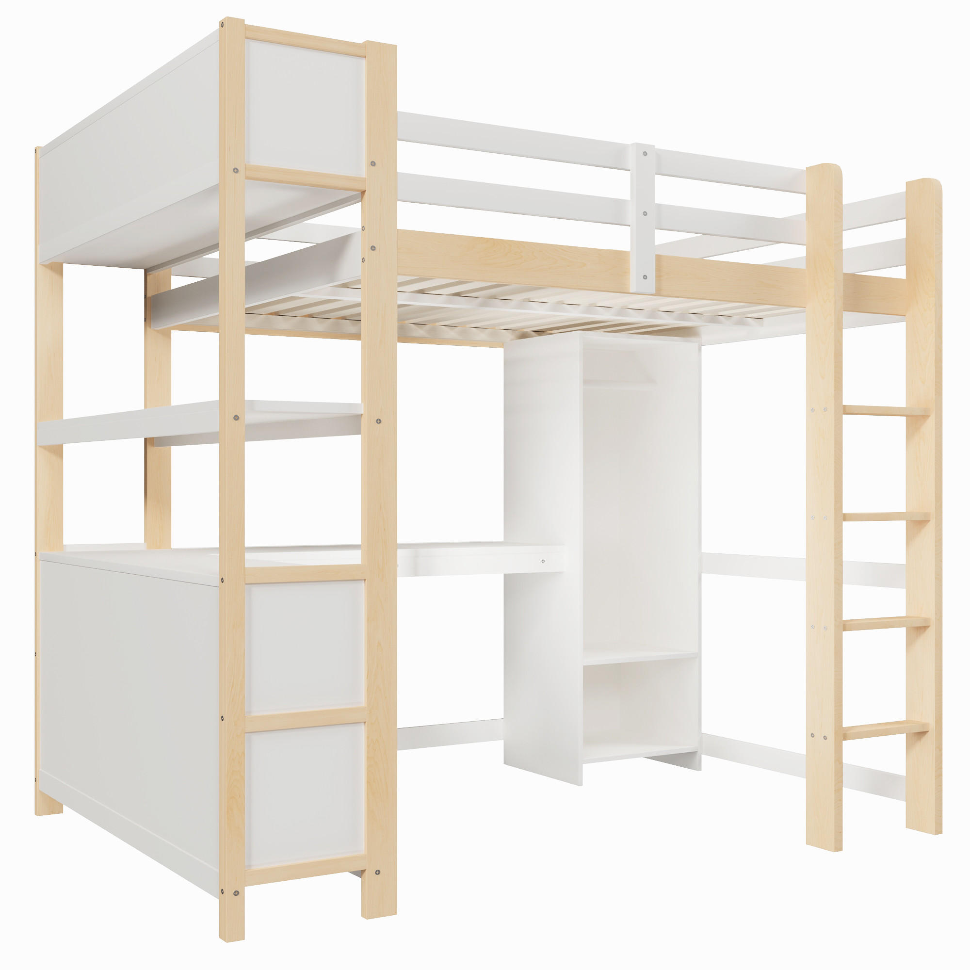 HOCHBETT 140/200 cm DE-04492, mit Schreibtisch, Kleiderschrank und Regalen in Natur - Naturfarben/Weiß, Holz/Holzwerkstoff (140/200cm) - ComfortXL