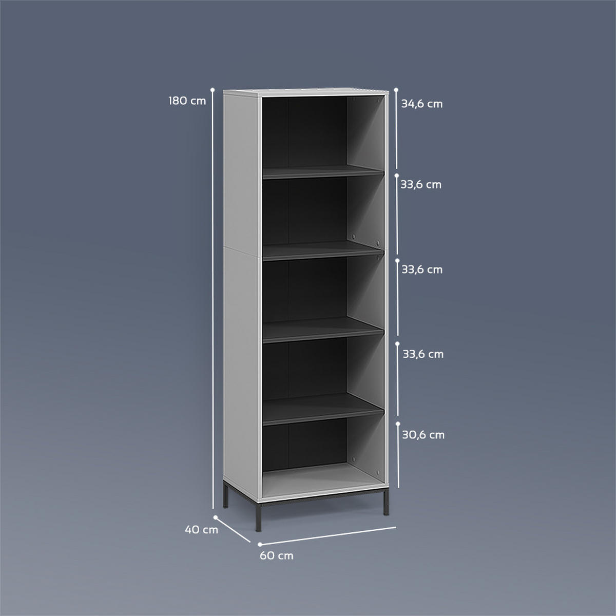 BÜCHERREGAL Aterno Grau mit 5 Fächern - Grau, Holzwerkstoff (60/180/40cm) - Livinity®