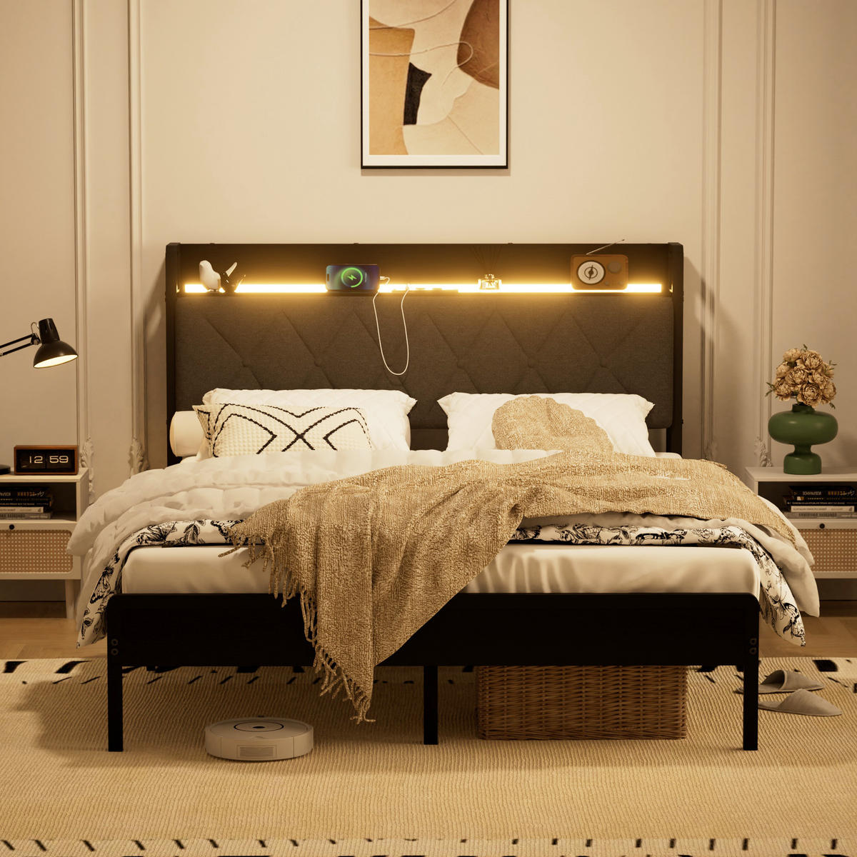 POLSTERBETT 140/190 cm mit LED und Ladestation, DE-41903, in Schwarz - Schwarz, Metall (140/190cm) - ComfortXL