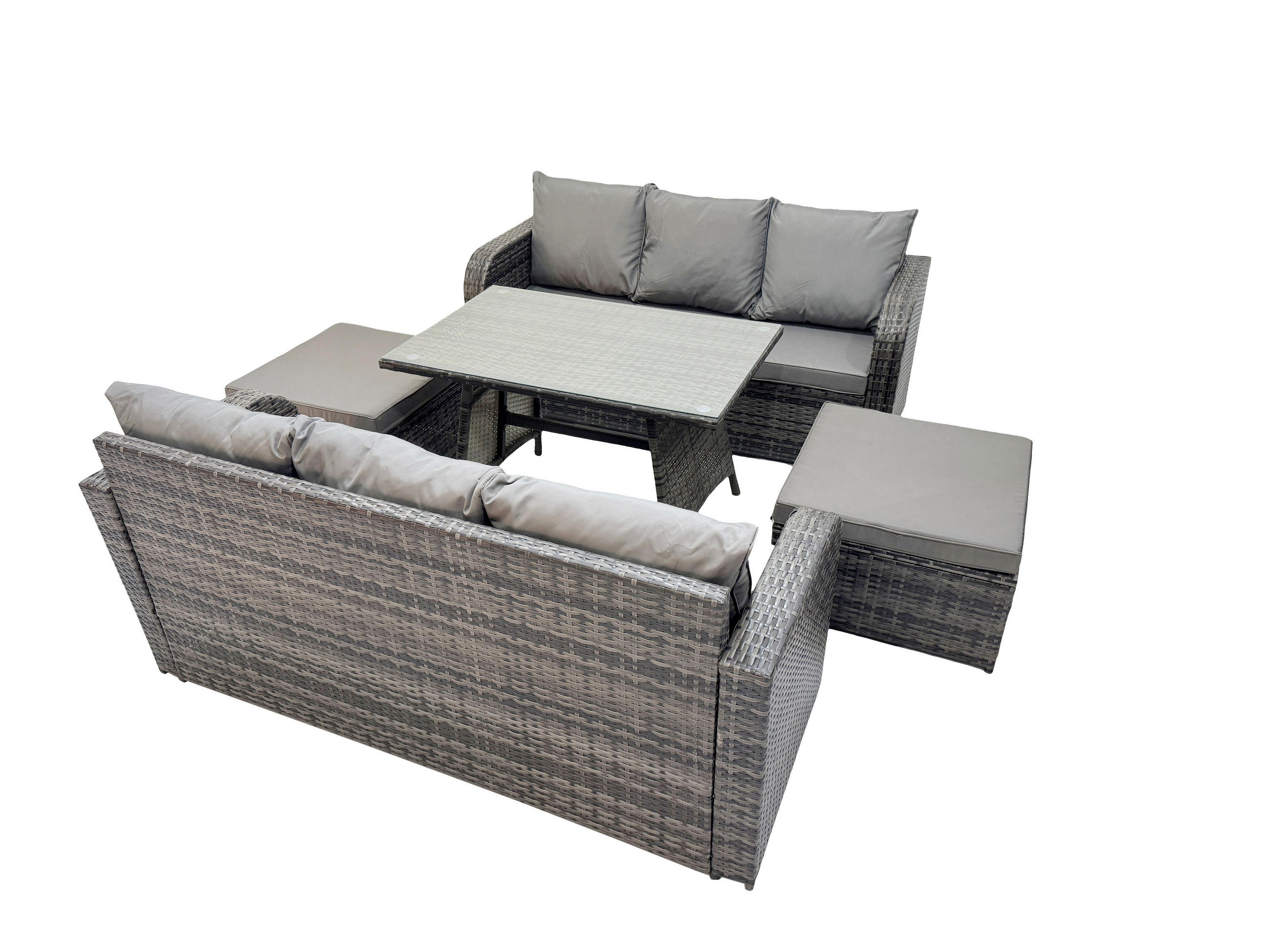 GARTENSET Hohe Rückenlehne Polyrattan 8-Sitzer - Dunkelgrau/Grau, Glas/Kunststoff - Fimous