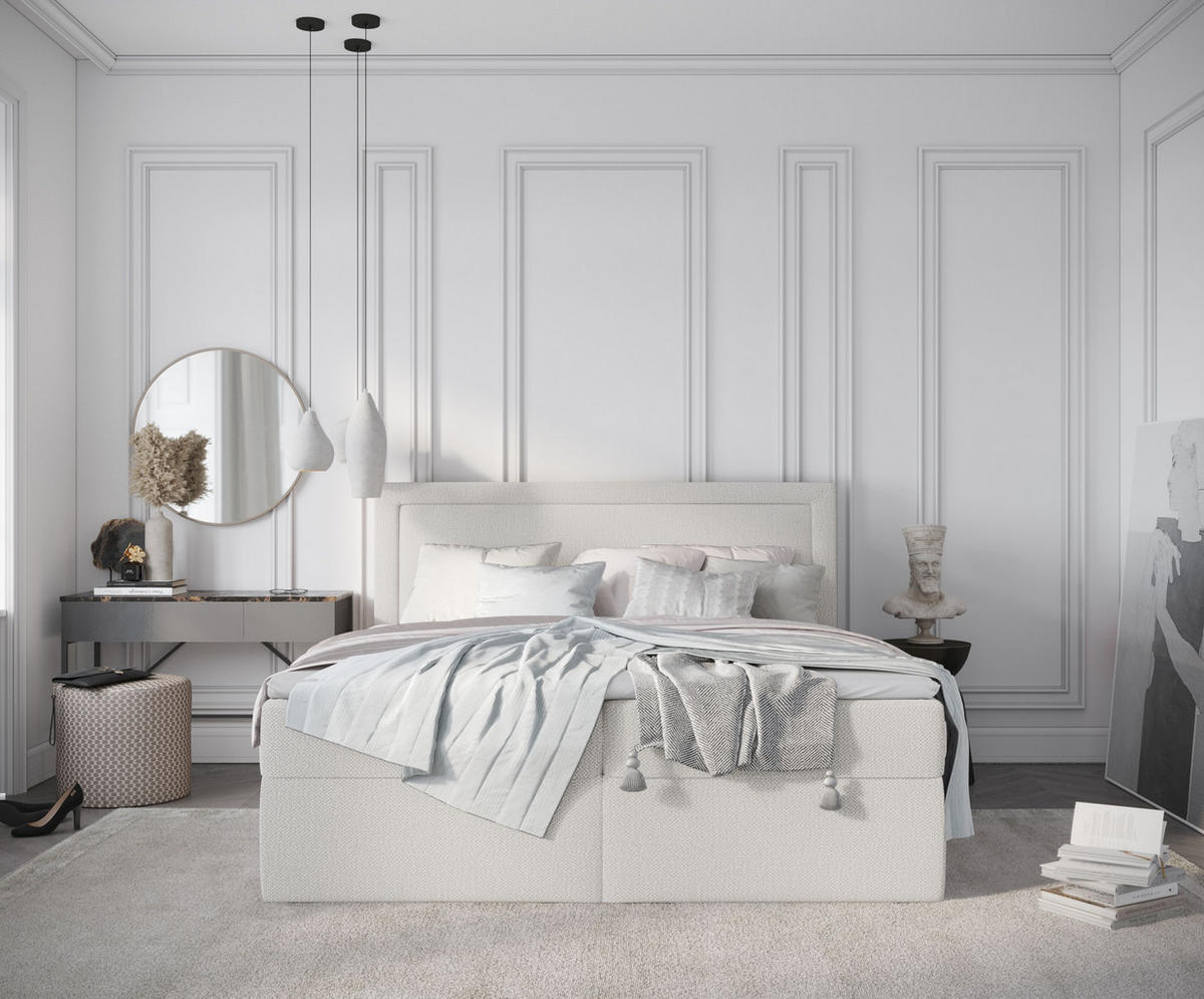 BOXBETT Tribeca Creme 200/200 cm mit Taschenmatratze und Topper - Creme/Schwarz, Holz/Holzwerkstoff (200/200cm) - Maison de Reve