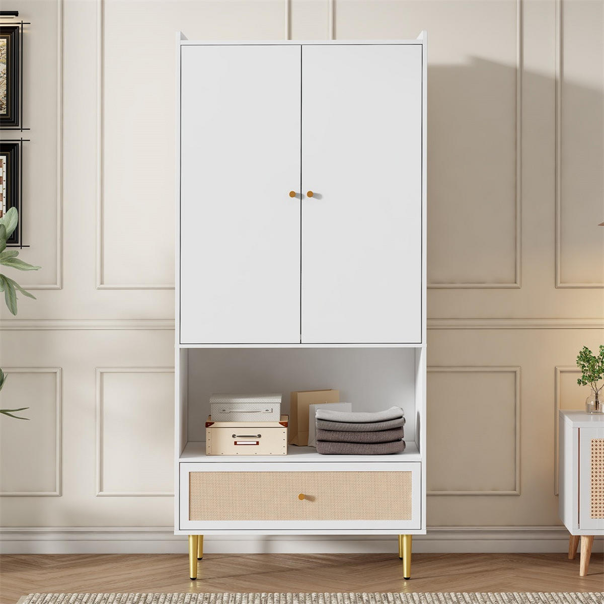 KLEIDERSCHRANK 80x48x175 cm mit goldenen Griffen und Beinen - 2 Türen und 1 Schublade & Offenes Regal - Weiß - Weiß, Holzwerkstoff (80/175/48cm) - DELFA