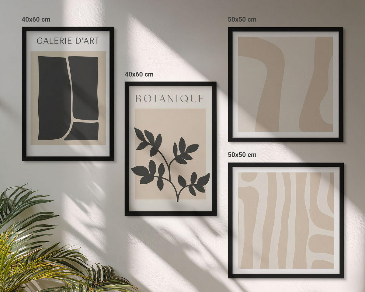 BILDER SET 4er Set - 50x50 cm & 40x60 cm Schwarzer Rahmen - Abstrakte Pflanzenmotive - Schwarz, Kunststoff (50/50cm) - TULUP