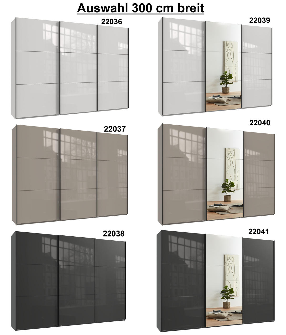 SCHWEBETÜRENSCHRANK 3-türig B300/H216/T65 cm in Anthrazit mit Glasfront und Spiegel inkl. Vollausstattung / 22041 - Anthrazit/Schwarz, Holzwerkstoff/Metall (300/216/65cm) - luma-home