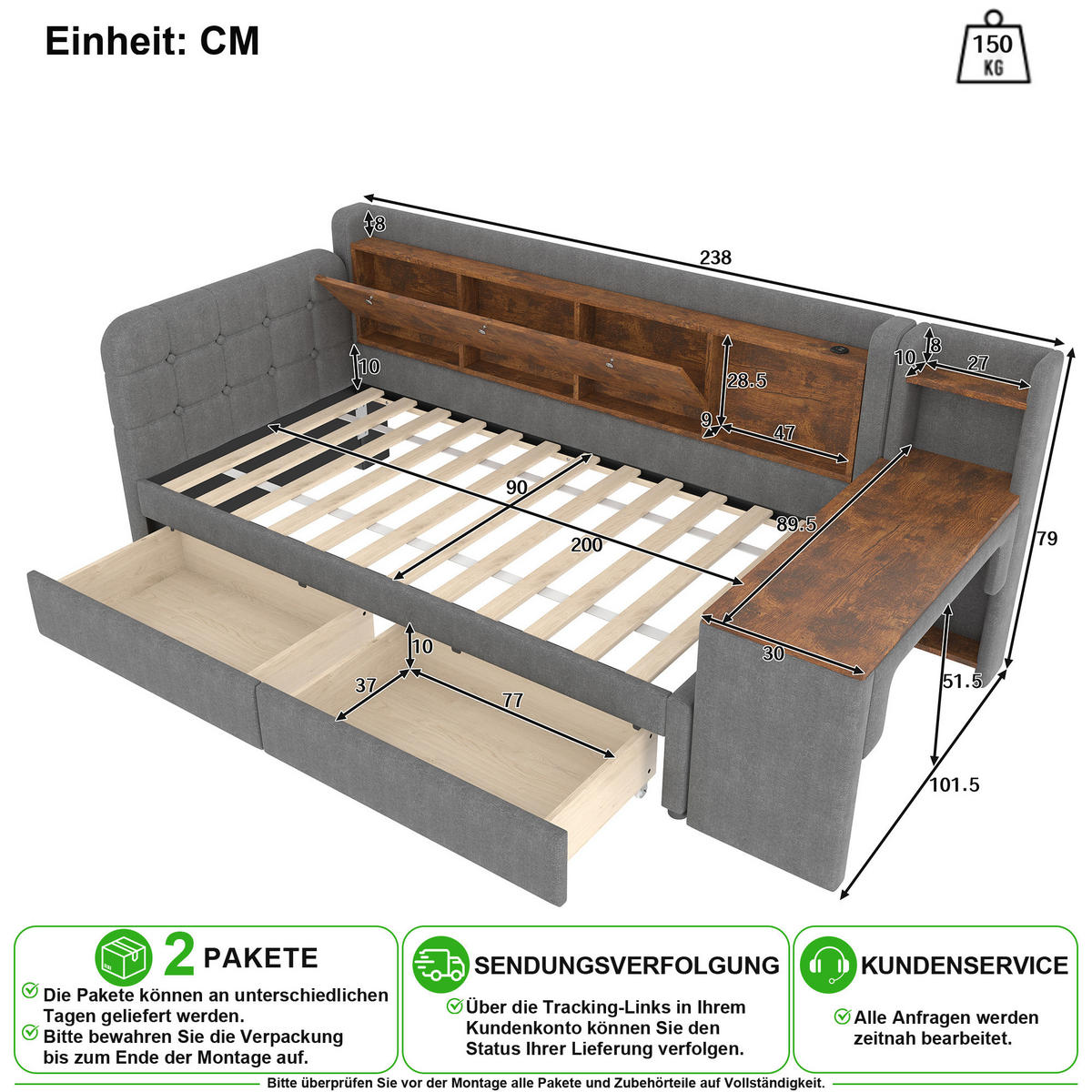 BETT 90/200 cm in Grau Leinen mit 2 Schubladen, USB und Schreibtisch - Grau, Holzwerkstoff/Textil (90/200cm) - CHICFURN