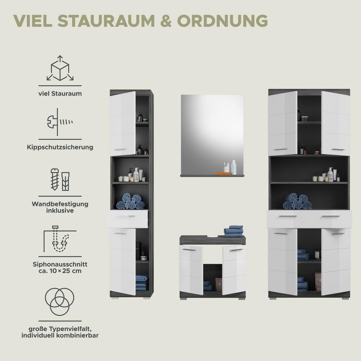 BADKOMBINATION 4tlg. Scout Bad in Rauchsilber Nachbildung und weiß hochglanz B/H/T: 186x191x34 cm - Anthrazit, Holz (186/191/34cm)