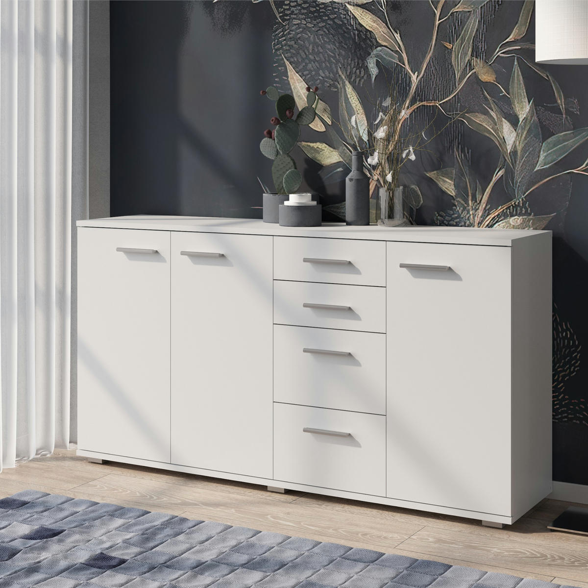 SIDEBOARD FAUSKE KOM3-3D4S Schubladen Weiß - Silberfarben/Weiß, Holzwerkstoff/Kunststoff (138/74/34cm) - Komodee