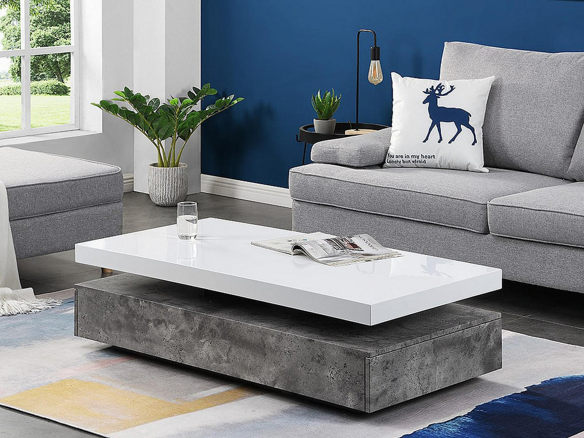 COUCHTISCH mit 2 Schubladen - MDF - Beton-Optik & Weiß - FELIX - Grau, Holz (120/60/35cm) - Vente-Unique