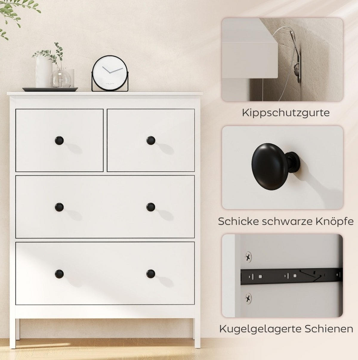 KOMMODE 74/35/97 cm in Weiß mit 4 Schubladen und Anti-Kipp-Sicherung - Weiß, Holz (74/97/35cm) - BEAOK