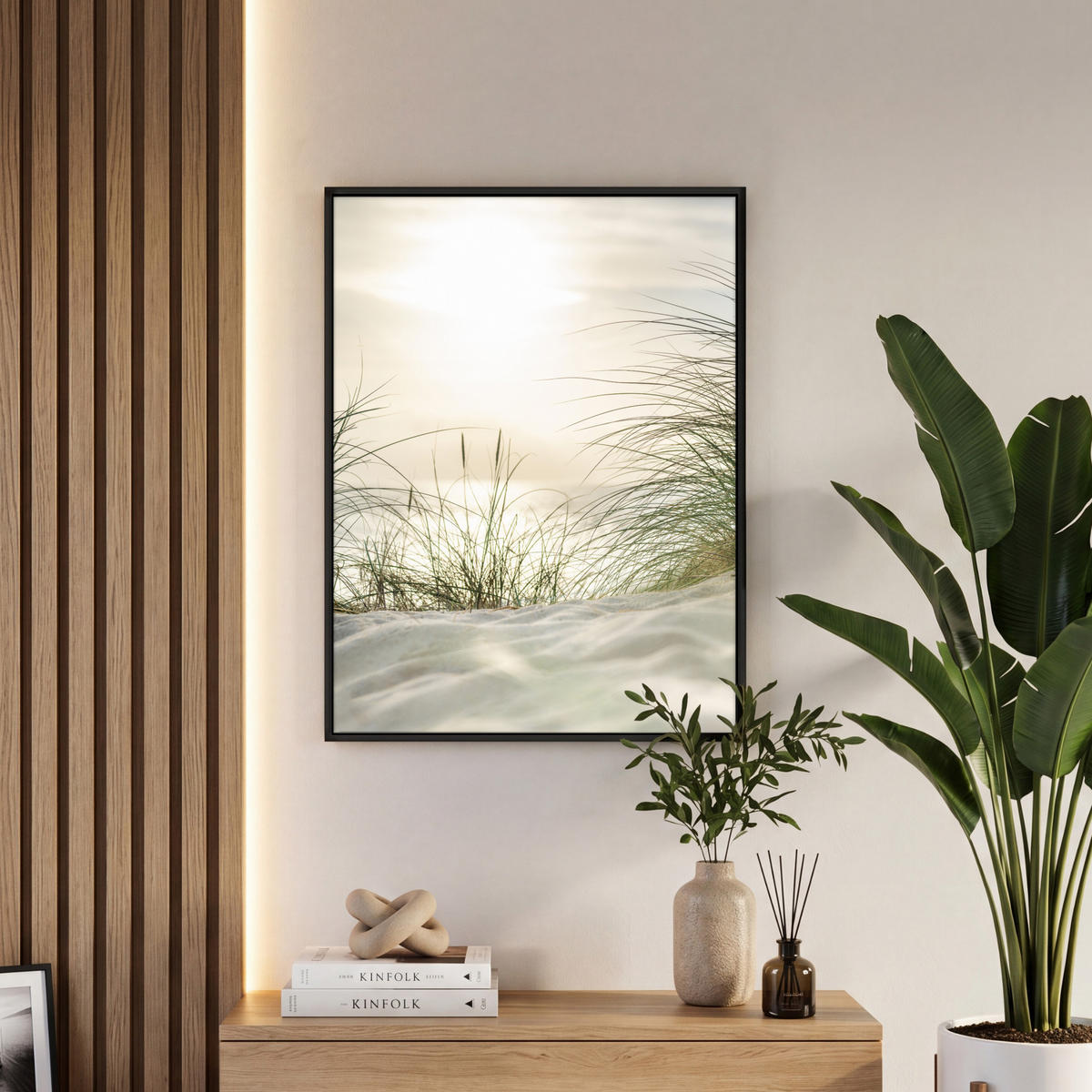 LEINWAND Bilder mit Rahmen - Dünen mit Strandhafer in der Sonne des Nationalparks Schleswig-Holsteinisches Wattenmeer - 60x80 - Creme, Textil (60/80cm) - MuchoWow