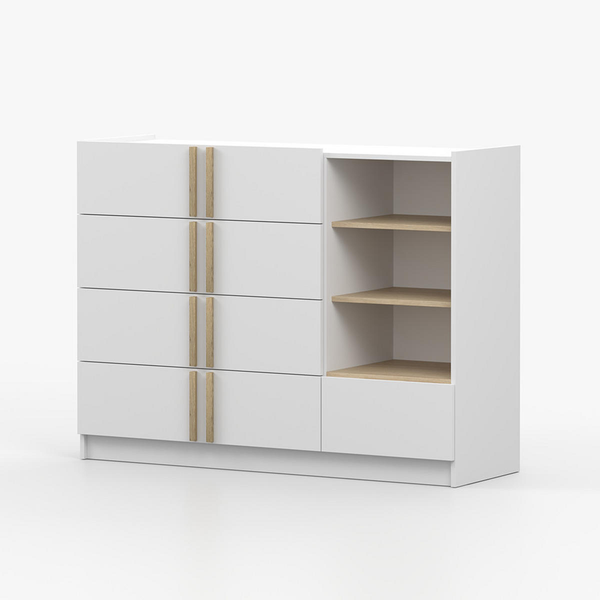KOMMODE SEVILLA 5S 90 cm Weiß/Weiß, fünf Schubladen, Holzgriffe - Buchefarben/Weiß, Holzwerkstoff (135/96/47cm) - imoebel24