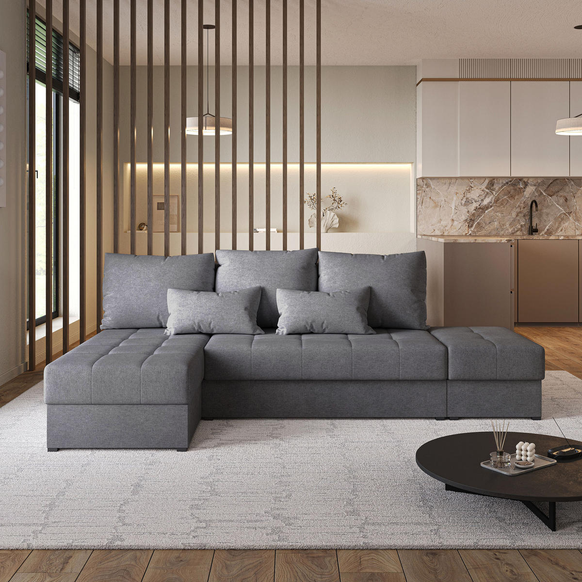 ECKSOFA NORVI Grau Geflochtener Stoff mit Schlaffunktion - Grau, Holz (251/143cm) - MASSENO