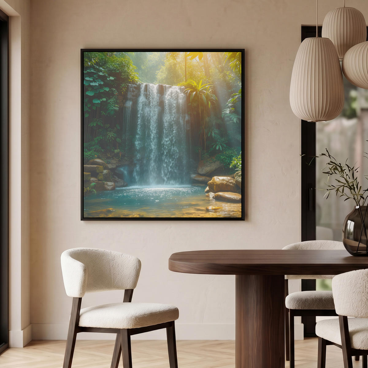 LEINWAND Bilder mit Rahmen - Wasserfall - Dschungel - Sonne - Grün - Natur - 90x90 - Grün, Textil (90/90cm) - MuchoWow