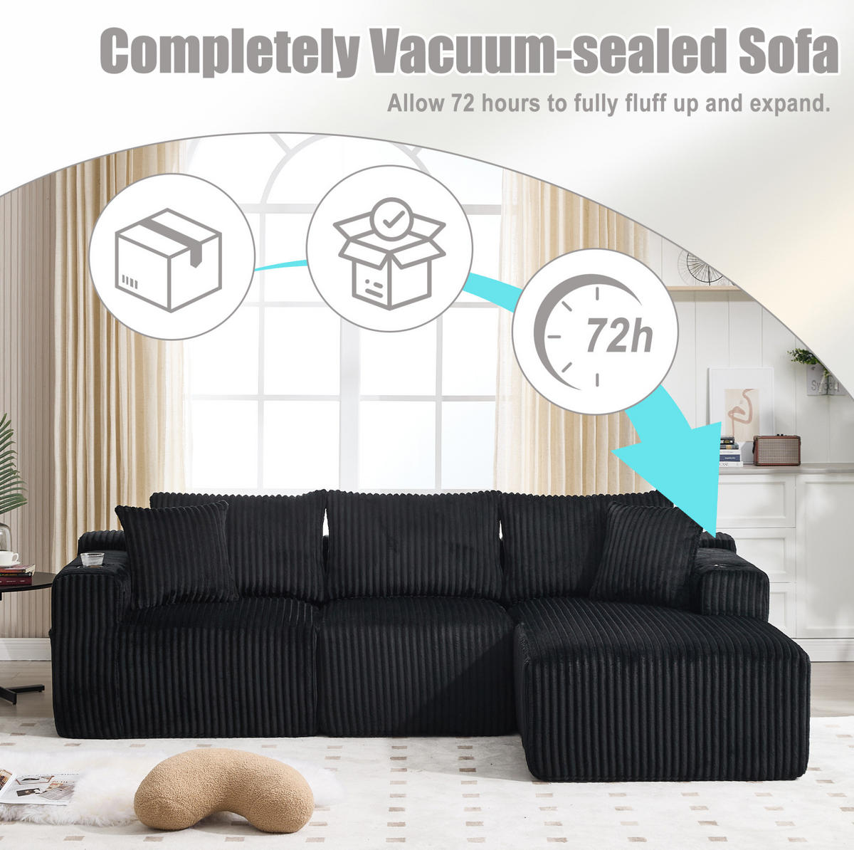 ECKSOFA 257/90-160/62 cm Schwarz aus Cord mit Chaiselongue - Schwarz, Textil (160/257cm) - OKMYHOME