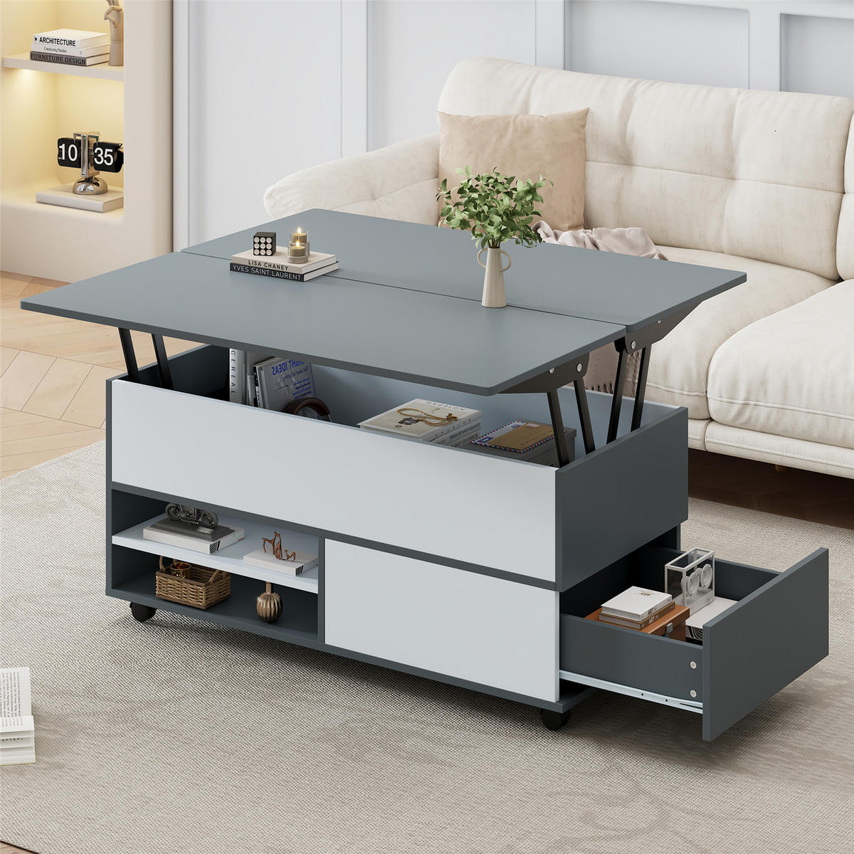 COUCHTISCH höhenverstellbar Stauraum Schubladen Rollen 100/98/65 cm - Grau, Holz (100/98/65cm) - Kaket