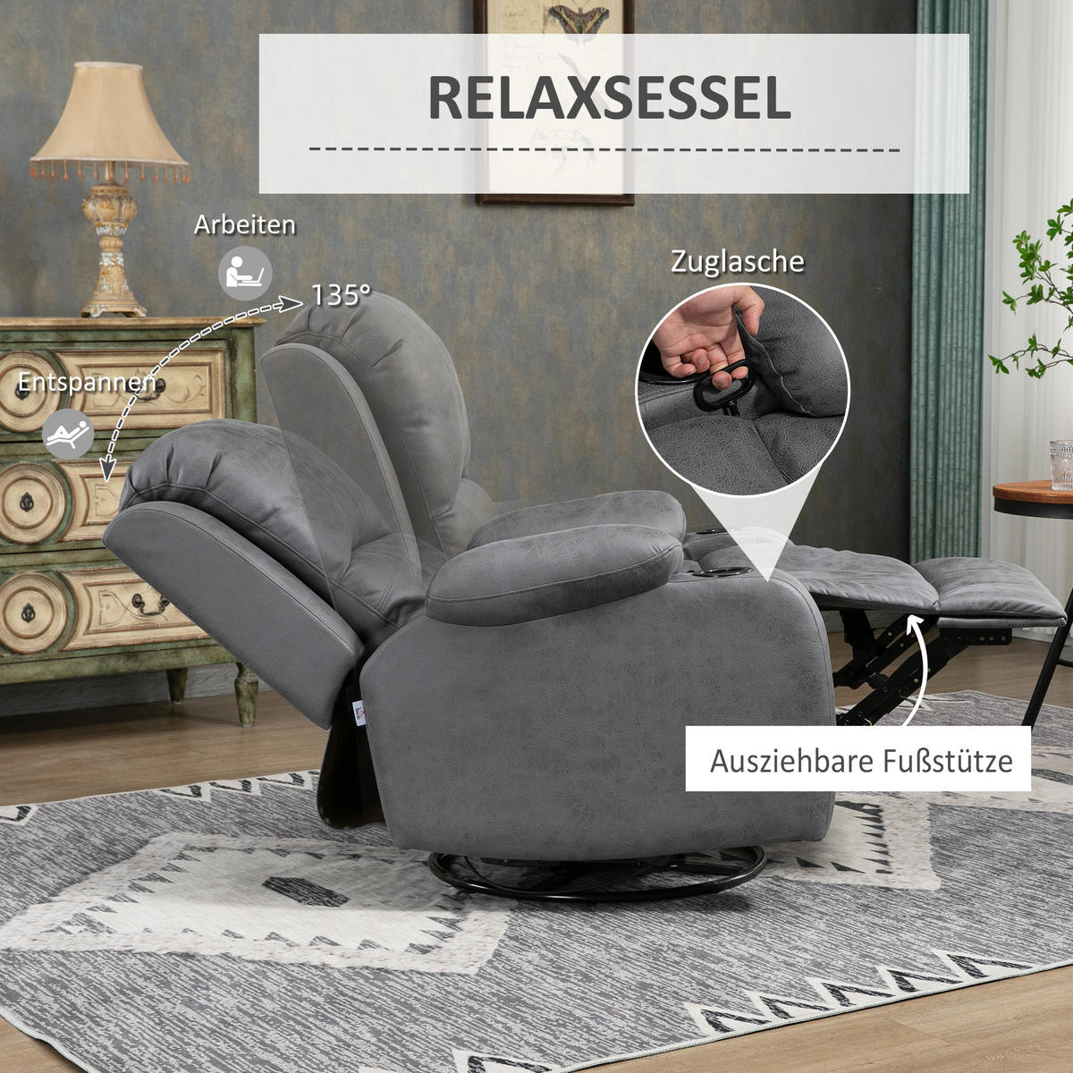 RELAXSESSEL Fernsehsessel mit Liegefunktion, Ruhesessel mit Wippfunktion, Grau - Grau, Textil (95/102/87cm) - HOMCOM
