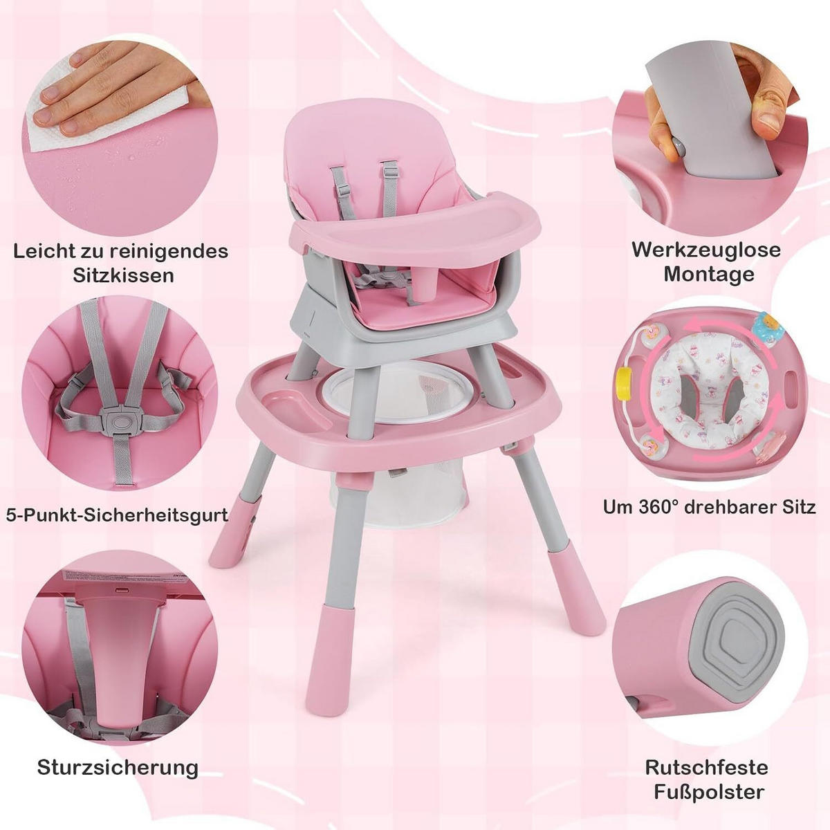 BABYHOCHSTUHL mit abnehmbarem Tablett blau - Pink, Kunststoff (60/93/60cm) - COSTWAY