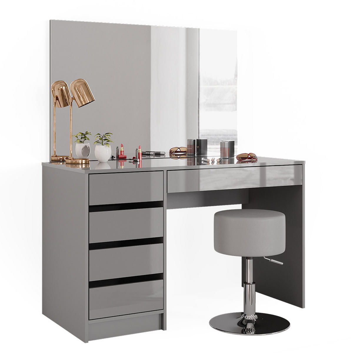 SCHMINKTISCH-SET Sherry Grau 120 cm mit Hocker - Grau, Holzwerkstoff (120/75/55cm) - Vicco