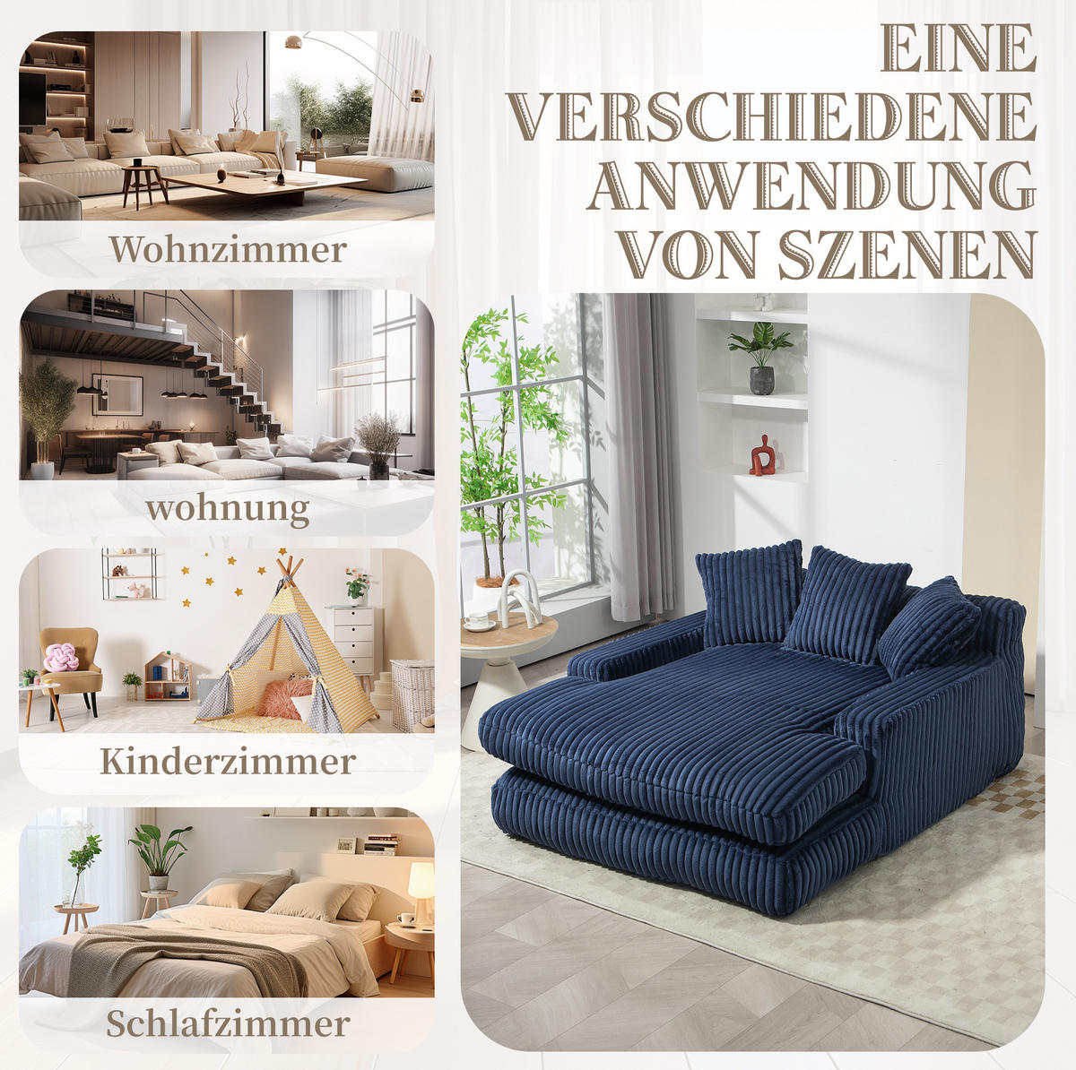 BIGSOFA Chaiselongue Cord mit 3 Kissen bodennah 125/155/63 cm Dunkelblau - Dunkelblau, Textil (63/125/155cm) - Redom