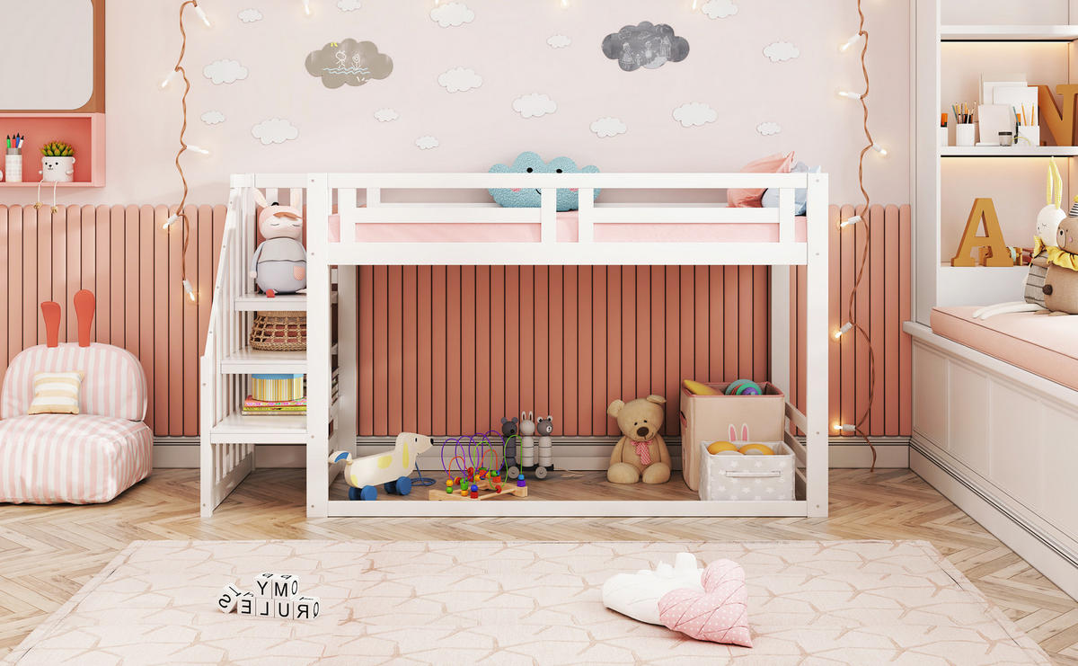 ETAGENBETT 90x200 cm niedrig Treppe weiß - Weiß, Holz (90/200cm) - LEBENLANG