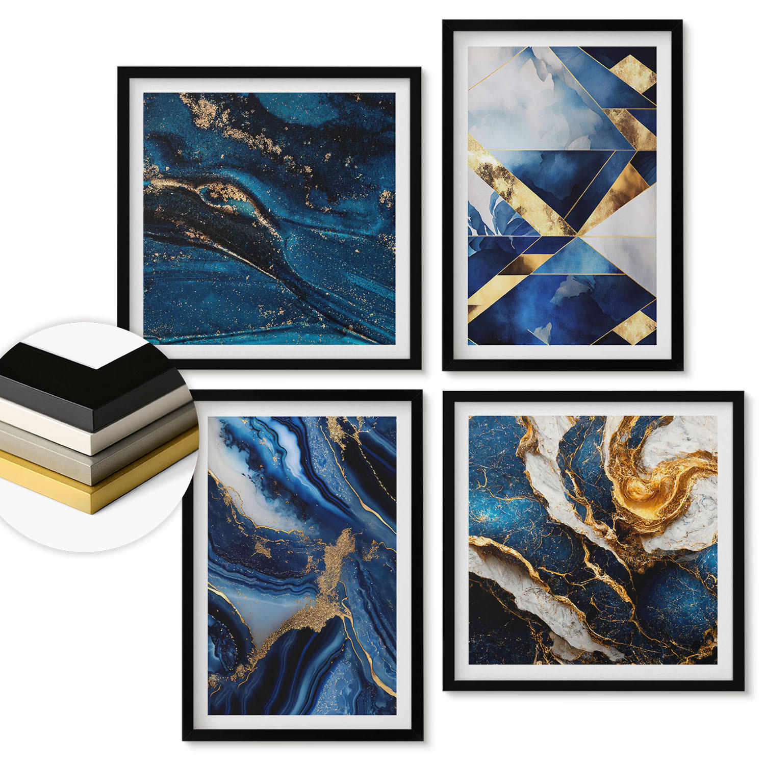 WANDBILDER 4er-Set - 50x50 cm & 40x60 cm Schwarzer Rahmen - Abstrakte, elegante Muster - Schwarz, Kunststoff (50/50cm) - ArtPrintCave
