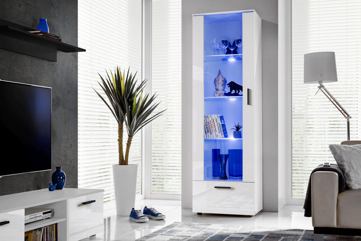 VITRINE ALESSANDRIA, Weiss, LED Blau - Schwarz/Weiß, Glas/Holzwerkstoff (60/192/42cm) - Komodee