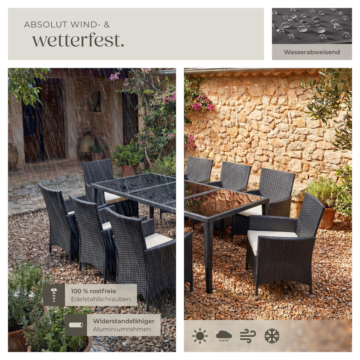 RATTAN-SITZGRUPPE aus Aluminium Menorca, inklusive Schutzhülle, schwarz - Schwarz, Kunststoff - tectake