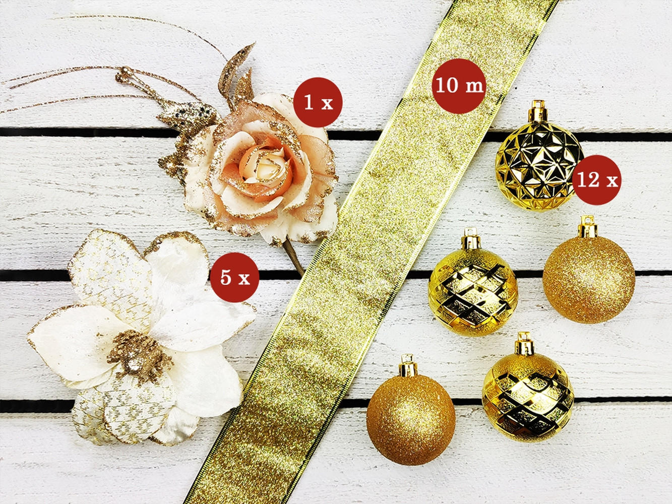 LAALU CHRISTBAUMKUGEL-SET 19 Stück in Box GENTLE ROSE für Weihnachtsbäume bis 100 cm - Champagner/Goldfarben, Kunststoff/Textil (20/12/30cm) - LAALU