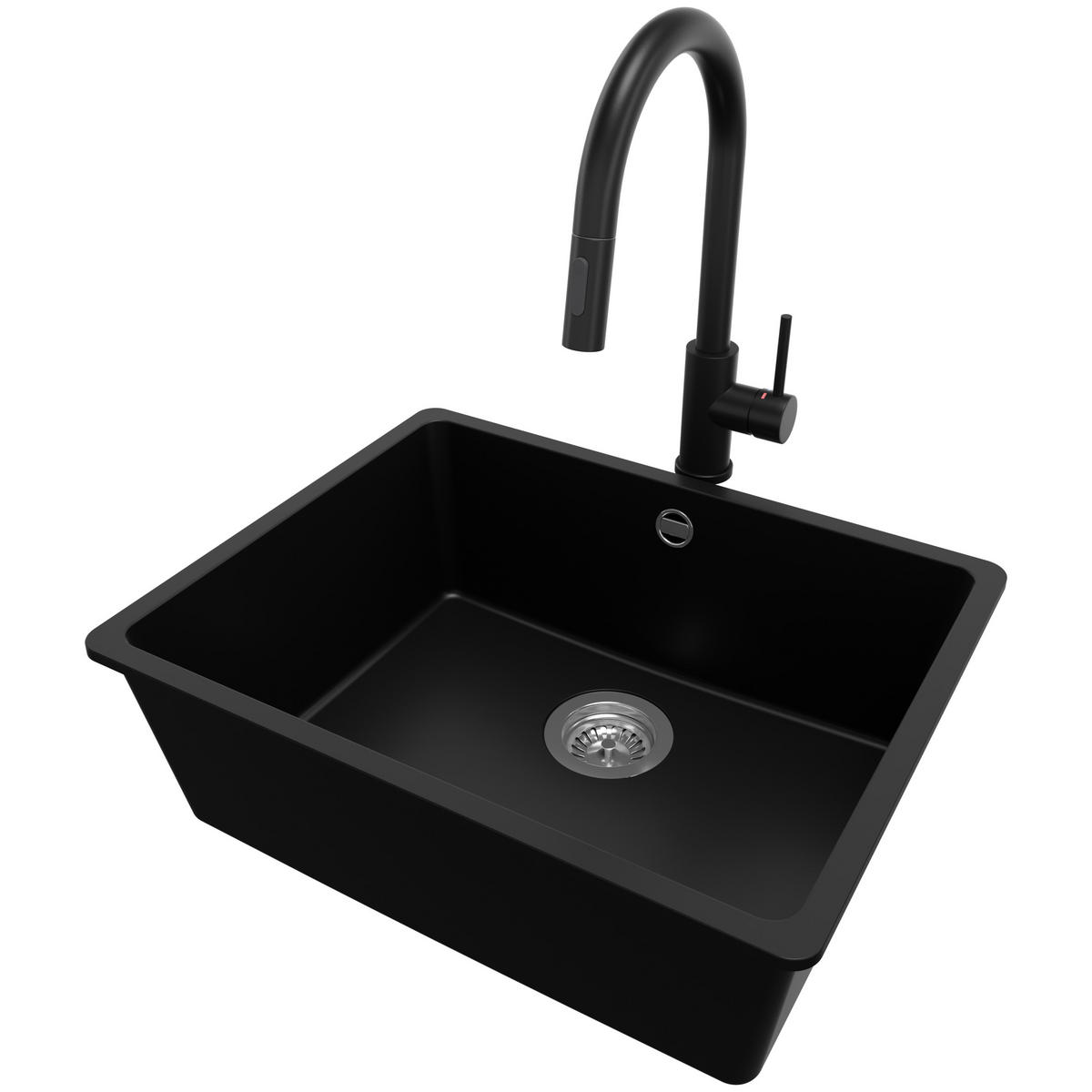 GRANITSPÜLE Venedig Slim Easy, 2-er set Schwarz 56/44 cm 1 Becken + Küchenarmatur 40/20 cm + Ablauf-Set ab 60er Unterschrank - Chromfarben/Schwarz, Kunststoff (56/20/44cm) - Primagran