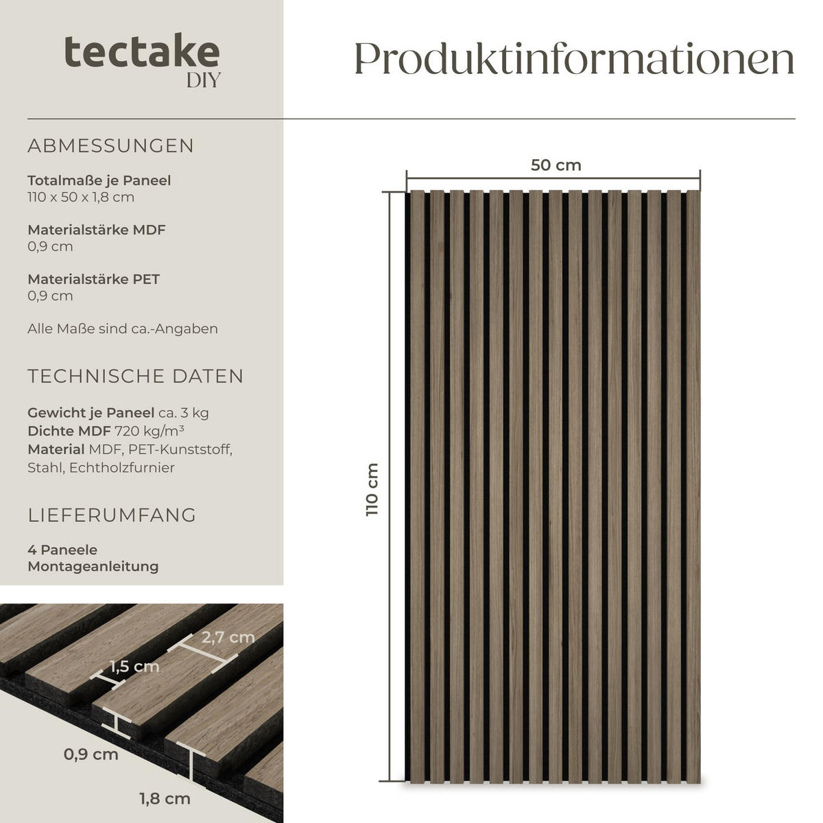 AKUSTIKPANEELE 4er Set Sonic Wall II, Holzoptik, Schallabsorption, Größe flexibel anpassbar, Eiche dunkel - Wildeiche, Holz (50/1.8/110cm) - tectake