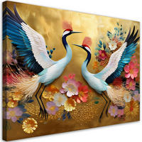 WANDBILD kraniche blumen auf goldenem hintergrund - Multicolor, Textil (60/40cm) - Feeby