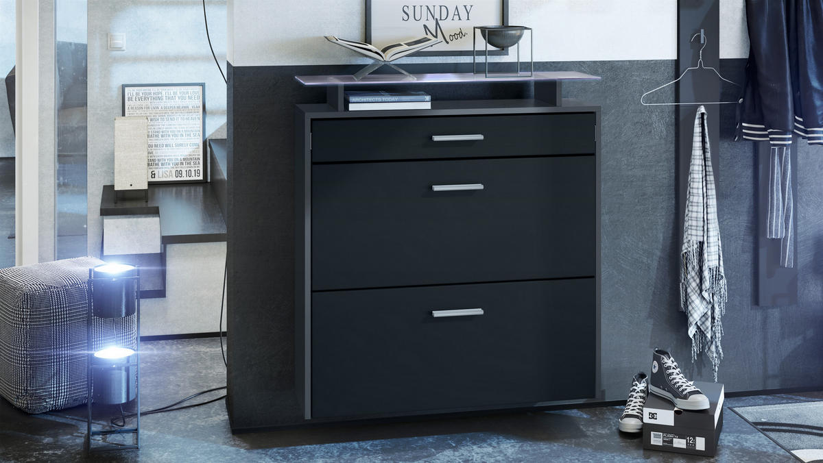 SCHUHSCHRANK Malea Fronten in Schwarz matt - Schwarz, Holzwerkstoff (89/96/23cm) - Vladon
