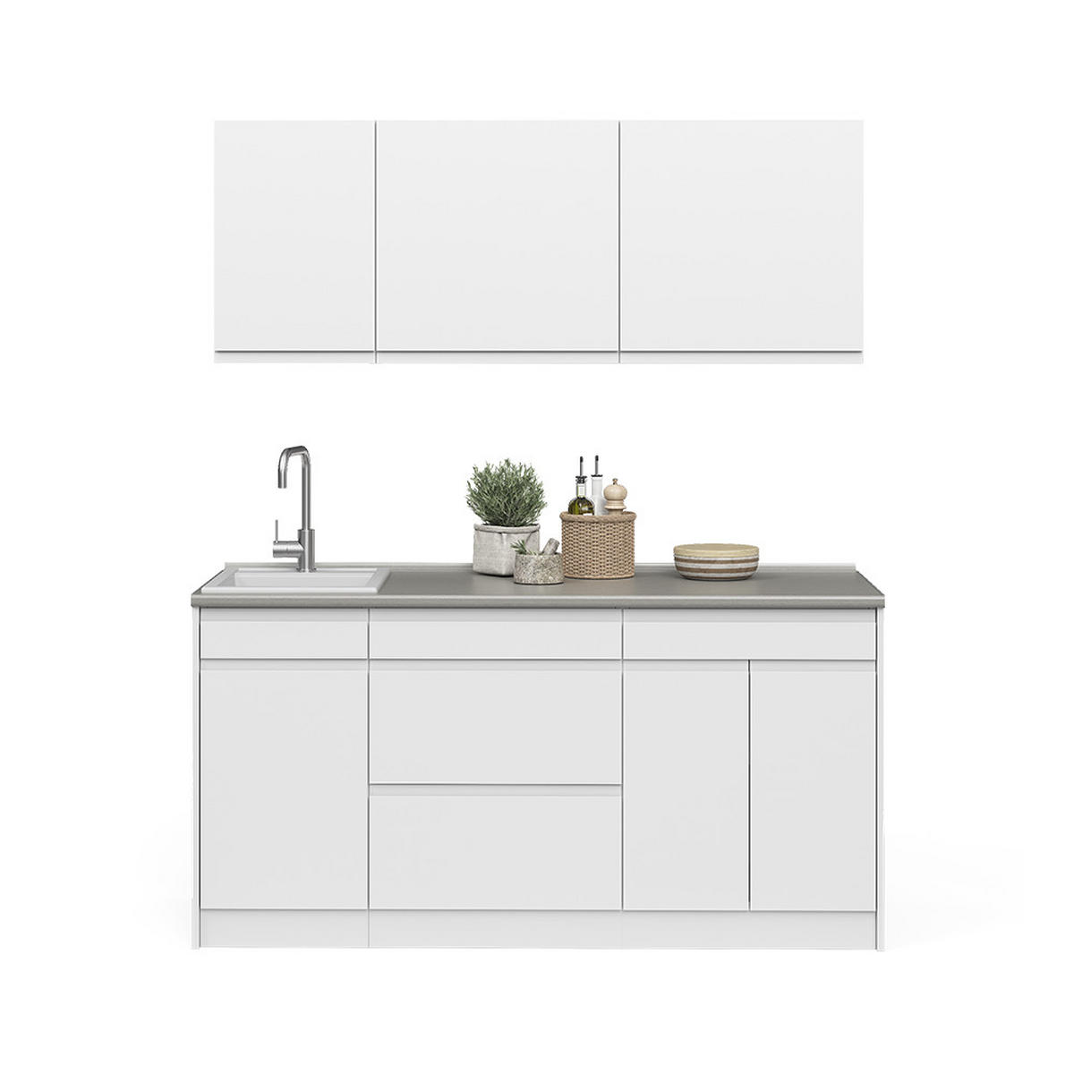 SINGLEKÜCHE R-Line, Weiß/Weiß, 160 cm Arbeitsplatte Satin - Weiß, Holzwerkstoff (160/81.6/60cm) - Vicco