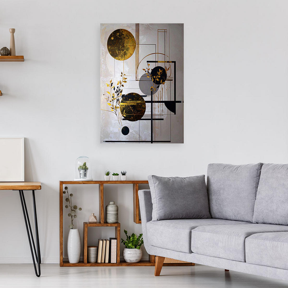 LEINWANDBILD, Abstrakte Formen: Kreise und Blätter in Beige - Grau, Textil (40/60cm) - Feeby
