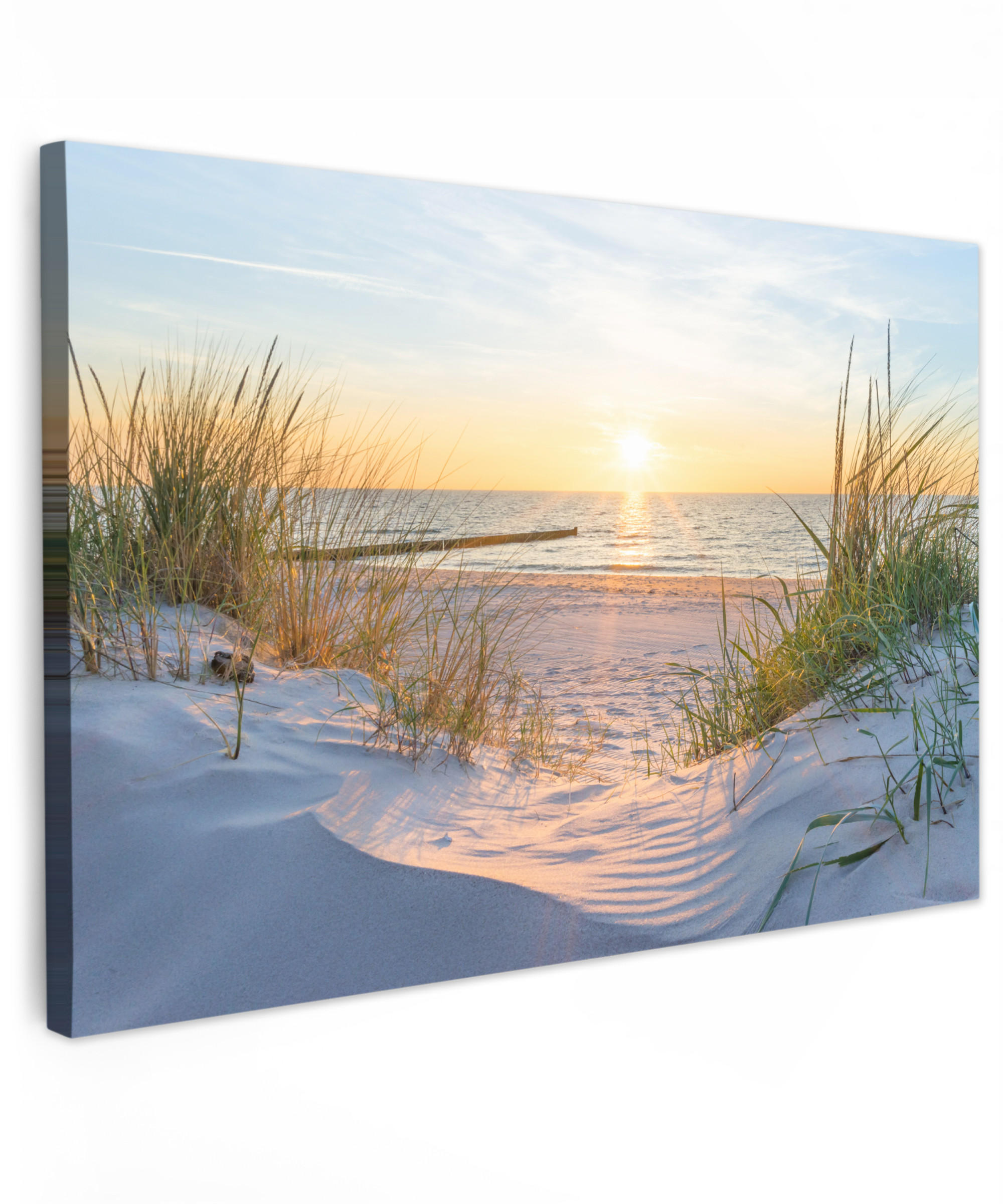 LEINWANDBILD Strand - Sonne - Düne - Gras - Sand - Horizont Wanddeko 90x60 cm - Hellblau, Textil (90/60cm) - MuchoWow