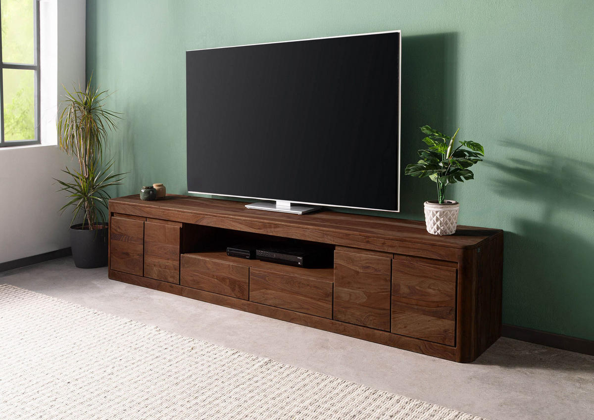 TV-BOARD Sheesham 240x40x50 rot-braun gebeizt TORONTO #167 - Dunkelbraun, Holz (240/50/40cm) - Massivmoebel24