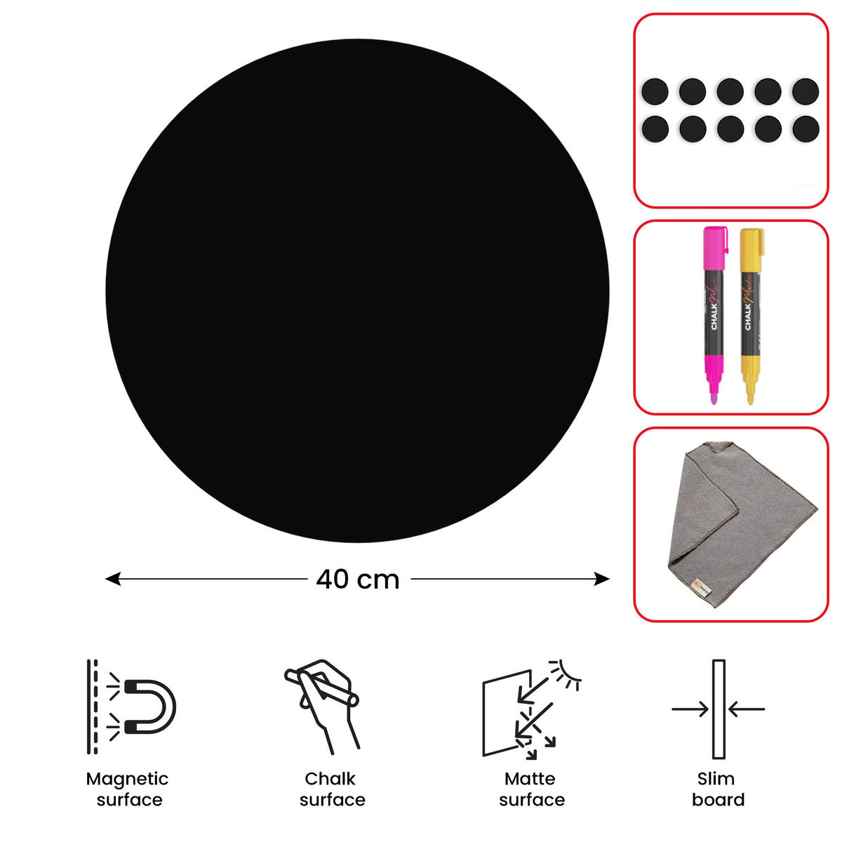 MAGNETTAFEL Runde schwarze SLIMboard Durchmesser 40 cm – rahmenlose Magnettafel - Schwarz, Metall (40/40/0.3cm) - ALLboards