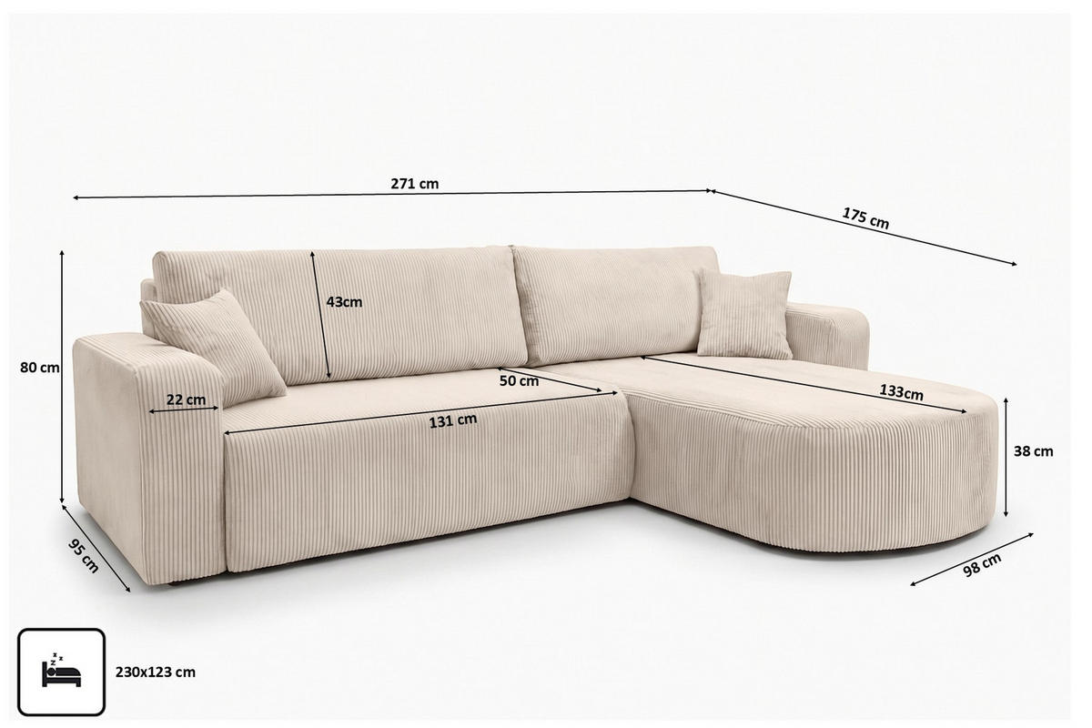ECKSOFA Mit Schlaffunktion, Cordstoff Poso, Beige, Rechts, ROUND ONE XL - Creme, Holz (271/175cm) - Kaiser Möbel