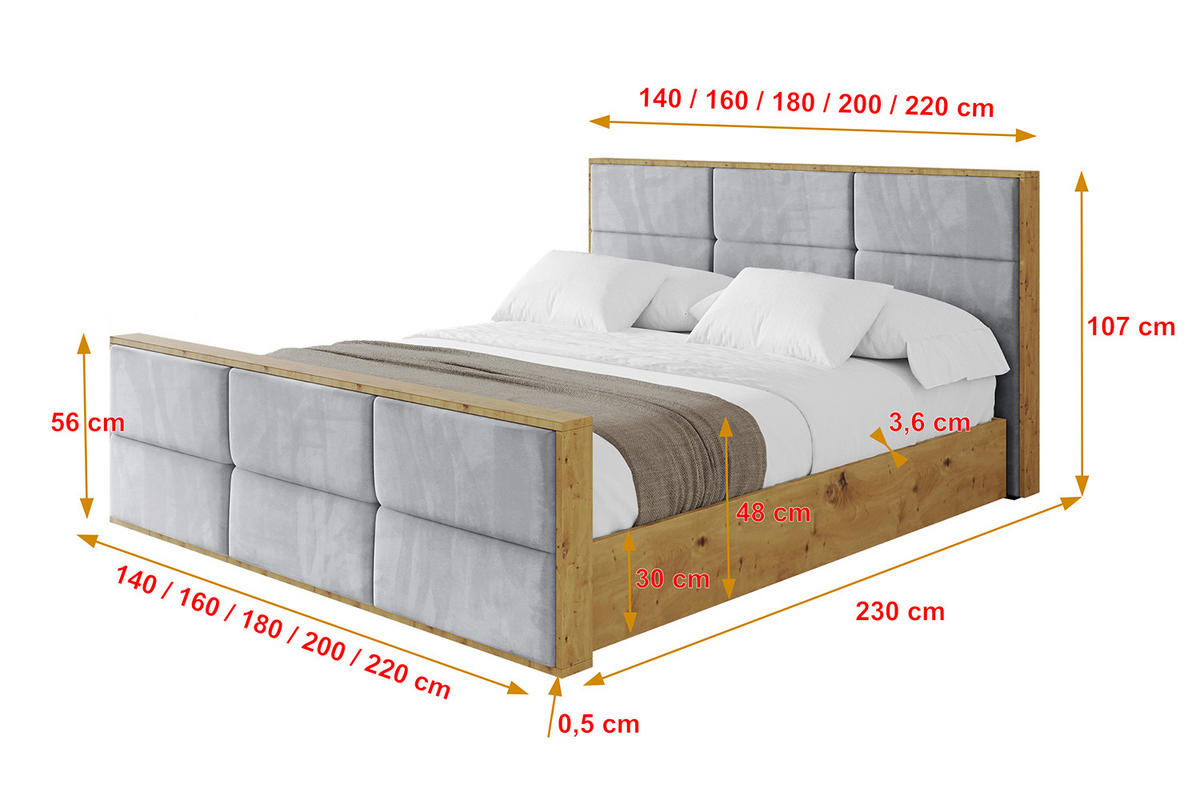 POLSTERBETT mit Bettkasten, Fußteil und Lattenrost, Boxbett mit Matratze H3/H4 - ENZO1-Z 120x200 Hellgrau - Hellgrau, Holzwerkstoff/Textil (120/200cm) - ALTDECOR