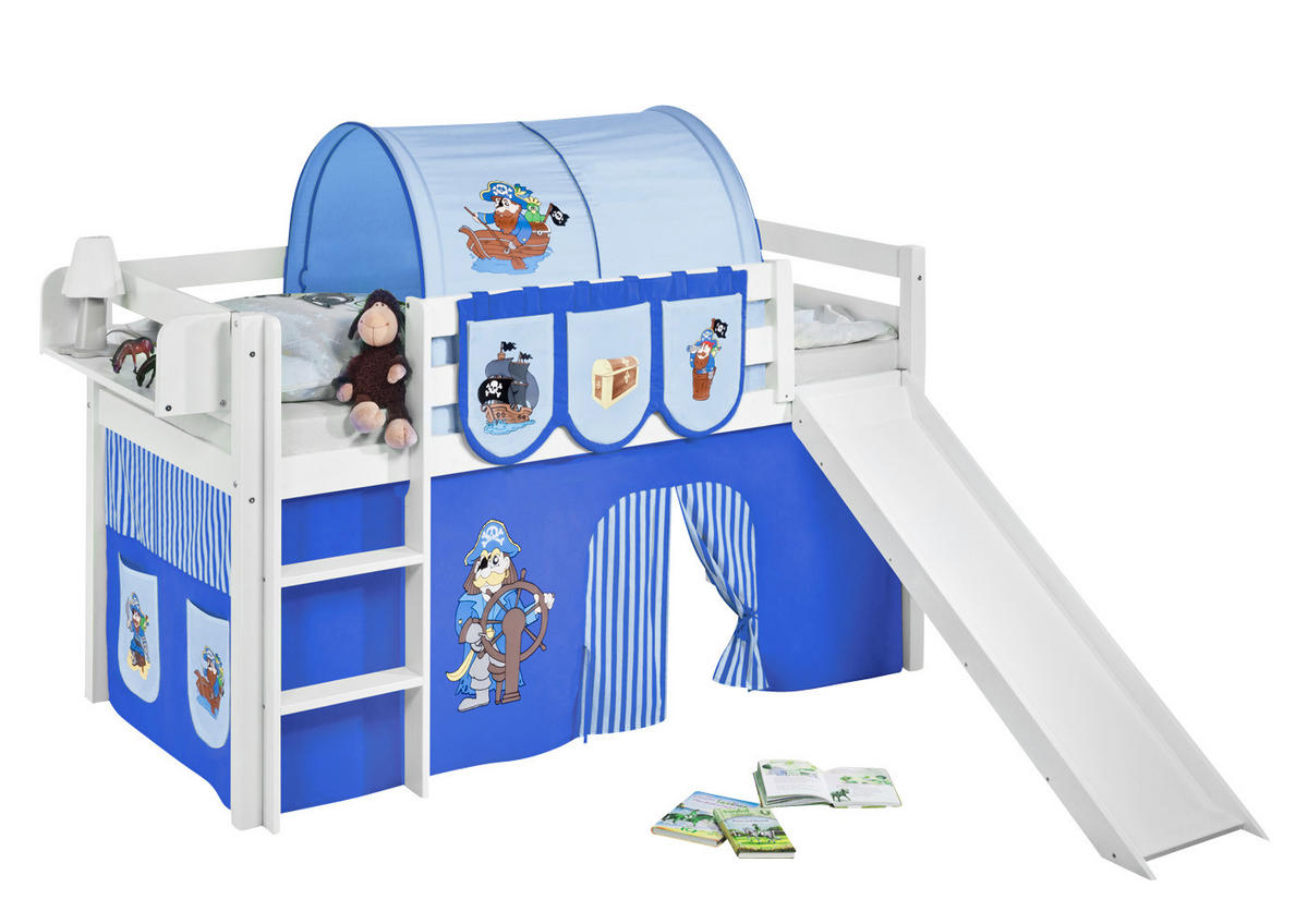 SPIELBETT JELLE Pirat Blau - Hochbett - mit Rutsche und Vorhang - Weiß, Holz - Lilokids