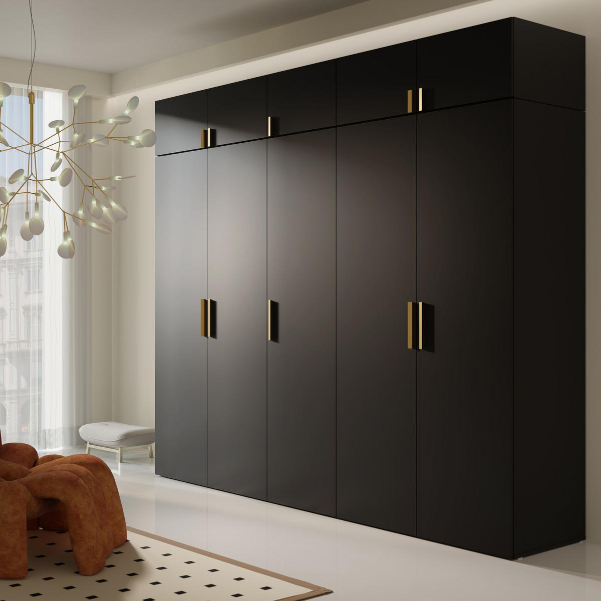 DREHTÜRENSCHRANK mit Aufsatz Napoli 5D 250 Schwarz (schwarzer oder goldener Griff) - Silberfarben/Schwarz, Holzwerkstoff/Kunststoff (250/35/60cm) - mzm24