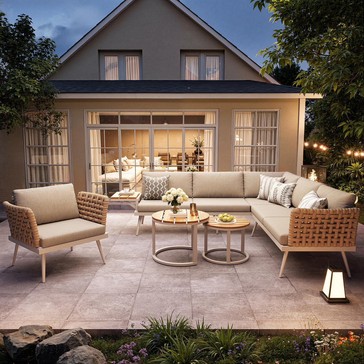 GARTENMÖBEL-SET Grau/Beige 6 Personen inkl. 2 Couchtische & Sessel - Beige, Metall - PANGIVO
