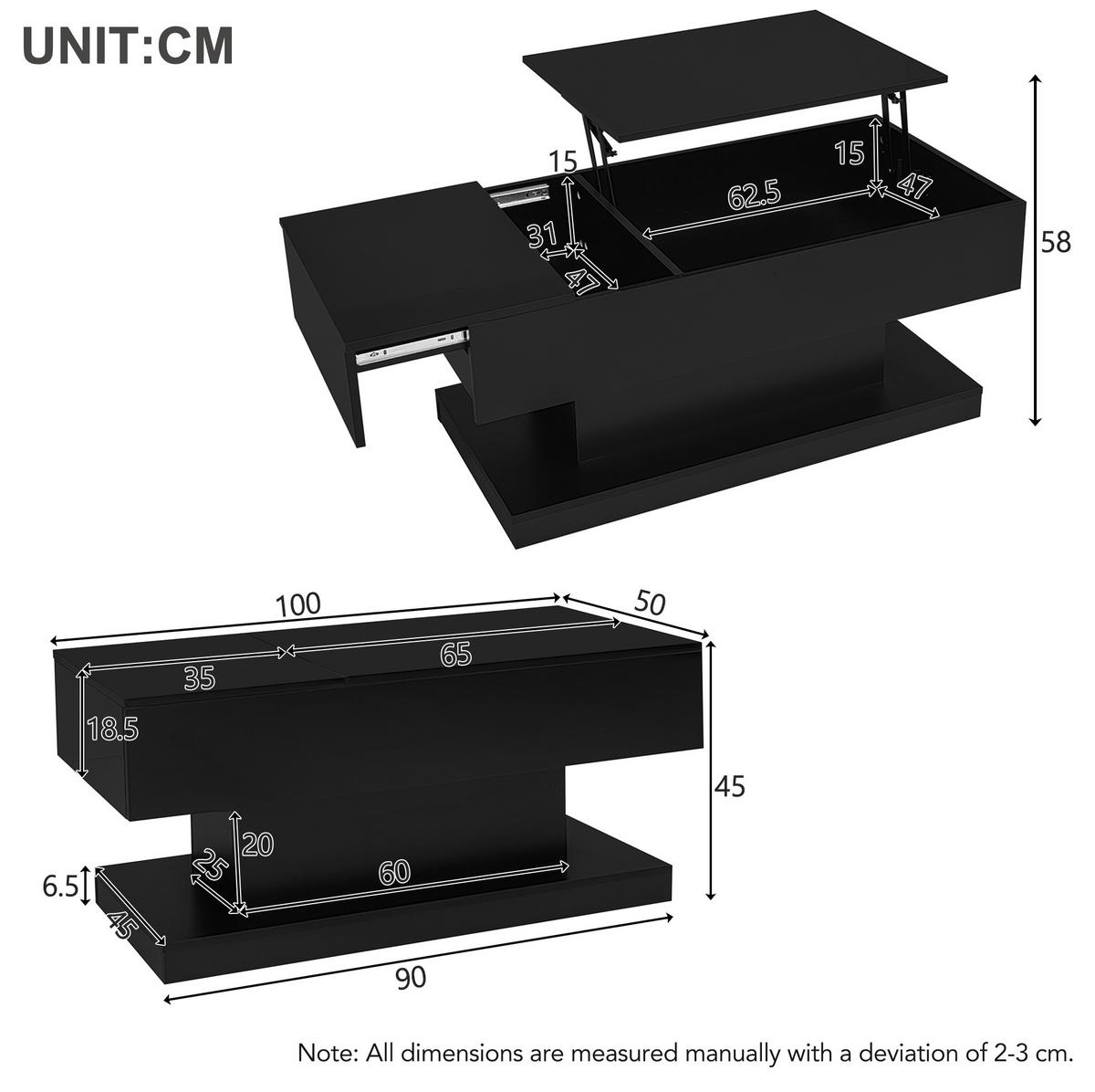 COUCHTISCH mit Liftfunktion 100x50x45 cm Hochglanz Schwarz mit LED - Schwarz, Holzwerkstoff (100/50/45cm) - Meubliv