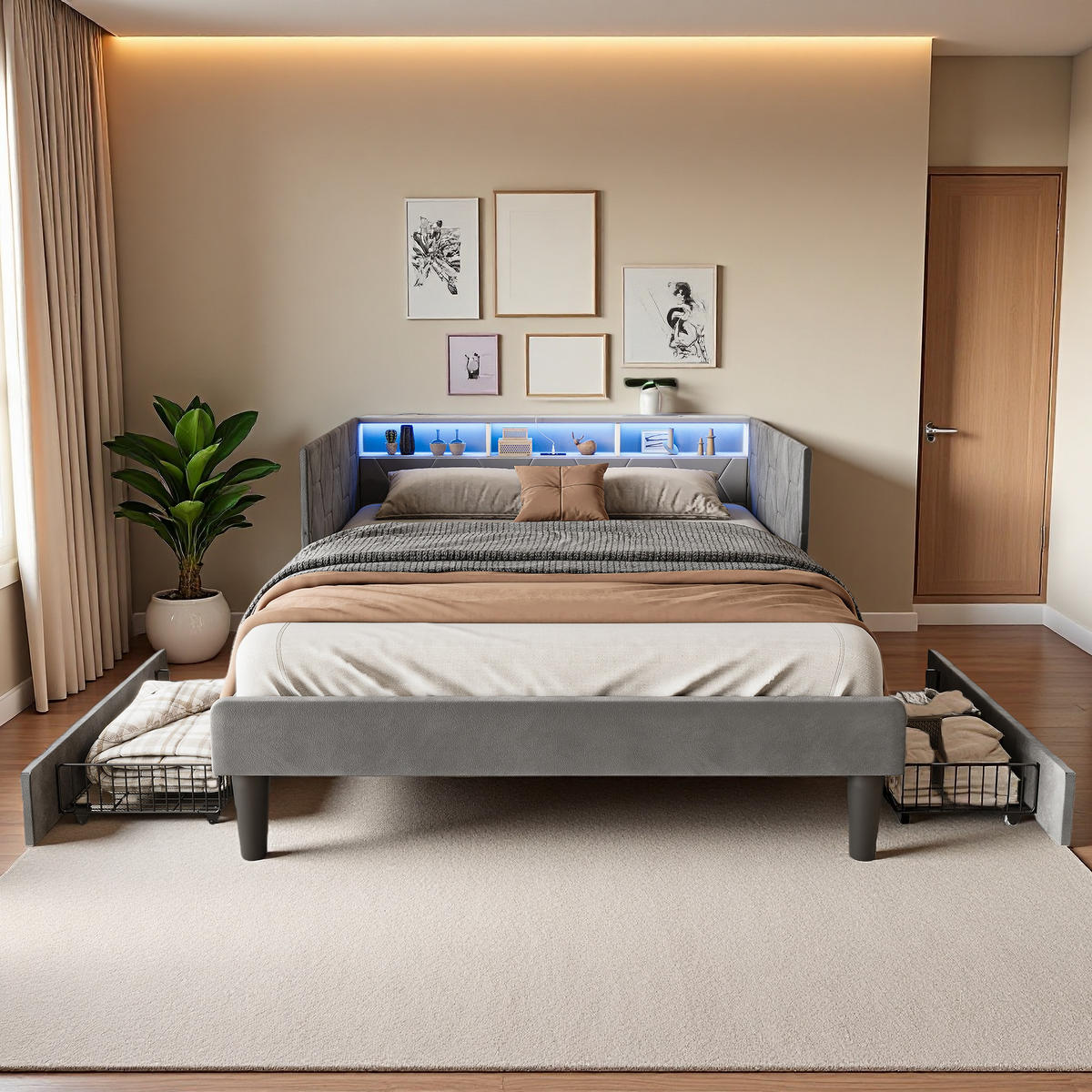 POLSTERBETT 140x200 cm LED USB Schubladen Lattenrost grau - Grau, Holz (140/200cm) - LEBENLANG