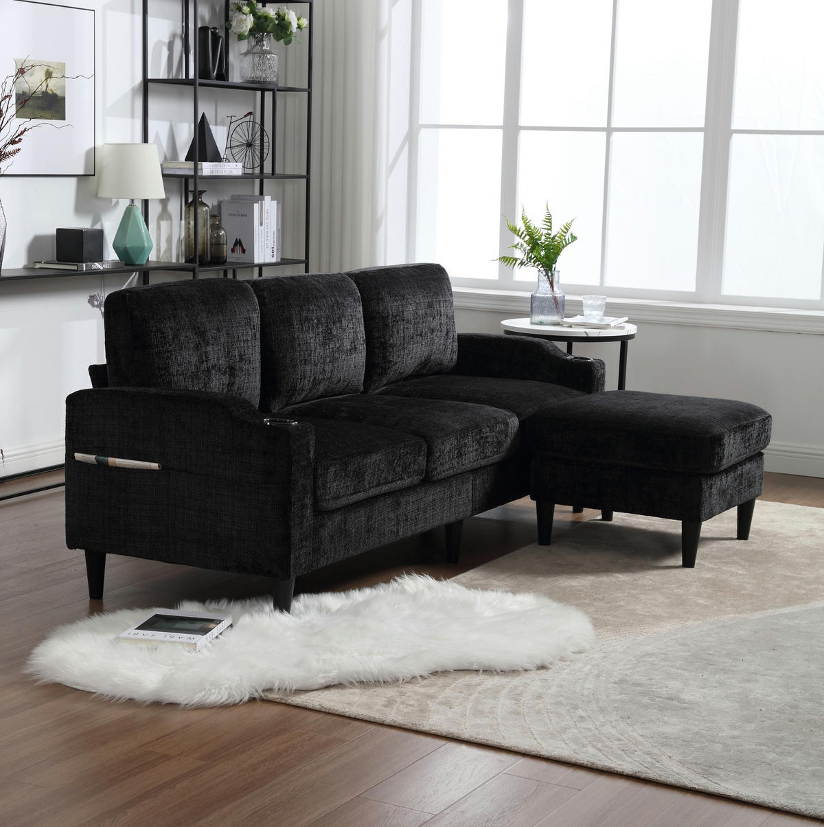 SOFA 4-Sitzer mit Hocker ca. 196,5 x 75 x 77 cm Chenille Black - Schwarz, Kunststoff (196.5/77/75cm) - Meubliv